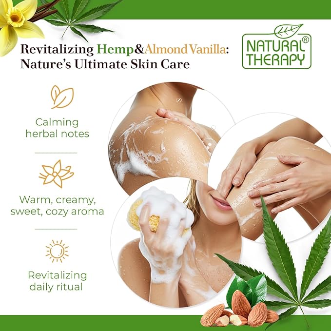 Natural Therapy Body Wash for Women and Men with Hemp & Vanilla Oils - Shower Gel Cleanses and Moisturizing Skin - With Dead Sea Minerals Nourish for Body, Pack of 2 (67.6 fl.oz)