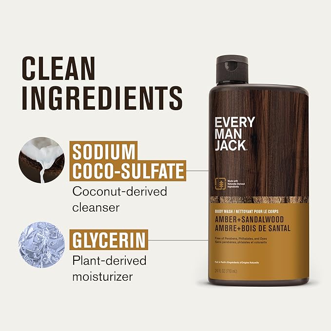 Every Man Jack Amber+Sandalwood Hydrating Mens Body Wash for All Skin Types-Cleanse, Nourish, and Hydrate Skin with Naturally Derived Ingredients-Paraben Free, Phthalate Free, Dye Free-24oz(Pack of 2)