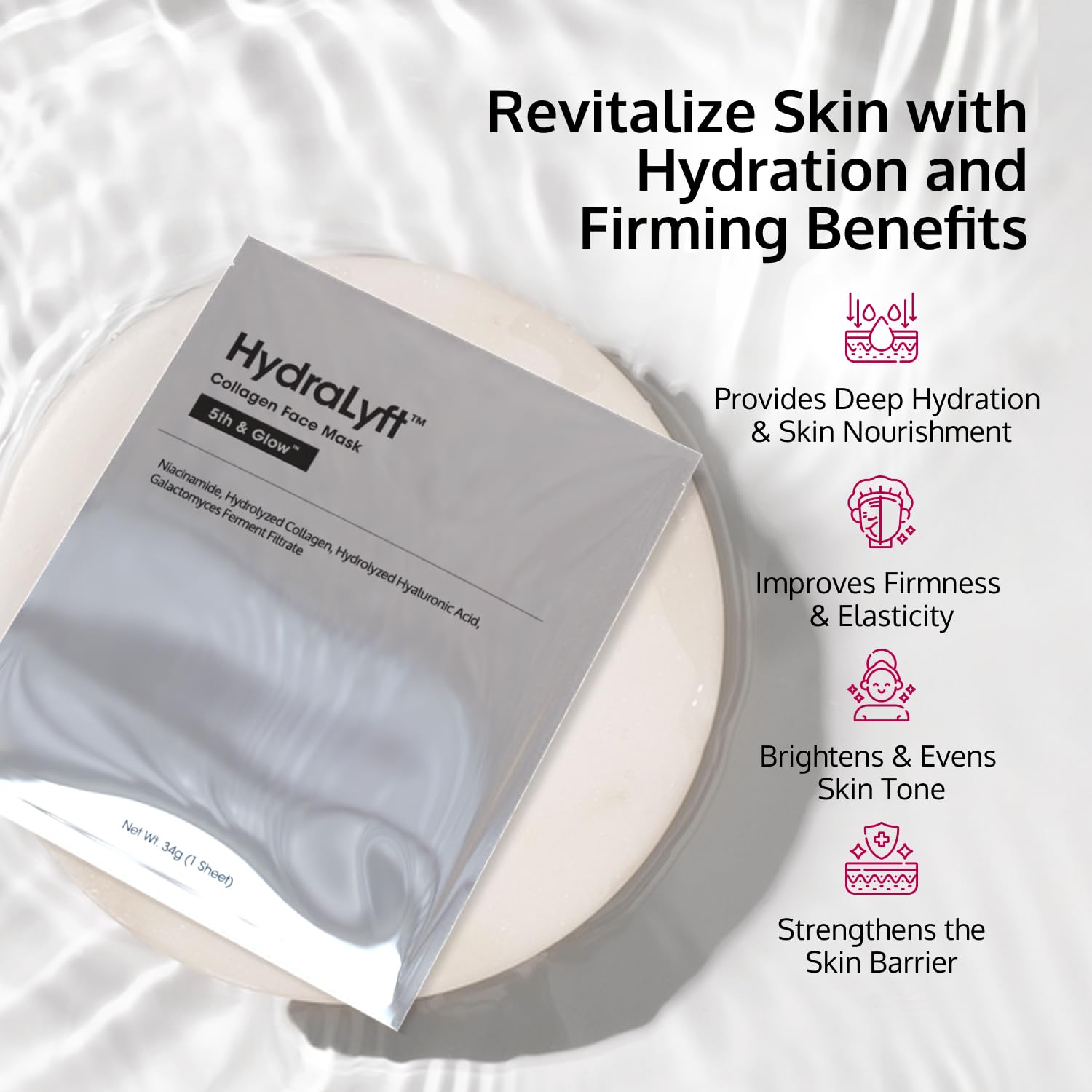 Hydralyft Collagen Face Mask – Korean Hydrogel Sheet Mask with Hyaluronic Acid & Niacinamide for Deep Hydration, Firming & Anti-Aging – Glass Skin Collagen Mask for Youthful Glow – 4 Sheets