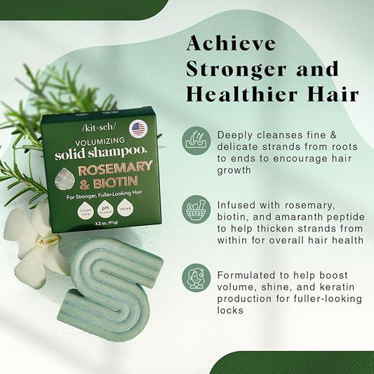 Kitsch Rosemary & Biotin Shampoo Bar - For Hair Growth, Strengthening, Thickening & Volumizing Shampoo for Women and Men - Free of Parabens, Sulfates & Silicones - Made in USA - 3.2 oz