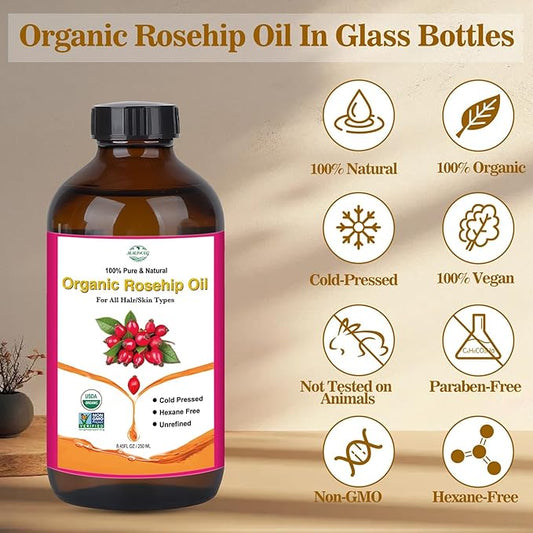 Rosehip Seed Oil for Face, 100% Pure Natural Organic Rosehip Oil Cold Pressed Unrefined Facial Oil for Anti-Aging, Acne Scar, Moisturizing Skin Hair Care (No Dropper, 8.45oz/250ml)