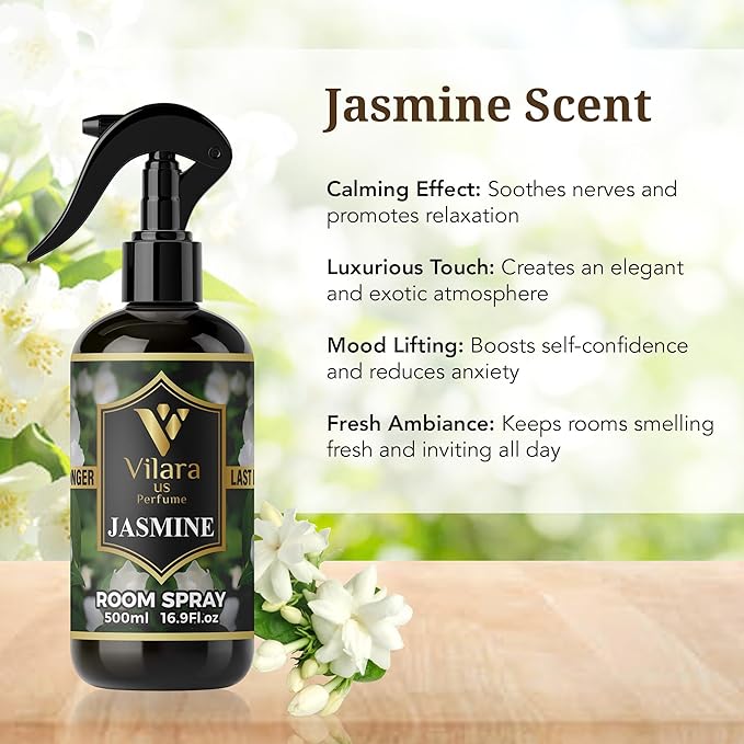 Room Spray Air Freshener Odor Eliminator Spray for Home, Bathroom & Office Long Lasting Floral Mist Deodorizer, Non Toxic Natural Air Spray for Bedding, Fabric & Furniture, 500 ml,16.9 fl oz (Jasmine)