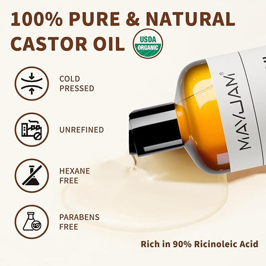 Organic Castor Oil 16 oz, 100% Pure Cold Pressed Castor Oils for Hair Growth, Eyebrows, Eyelash, USDA Certified Caster Carrier Oil for Body, Skin & Face Moisturizer