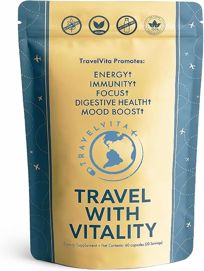 Natural Travel Pills - Traveling Supplement for Jet Lag Relief, Digestion, Immunity, Energy, Sleep, Circulation - Vacation and Long Flight Essentials for Men and Women - 30 Day Supply