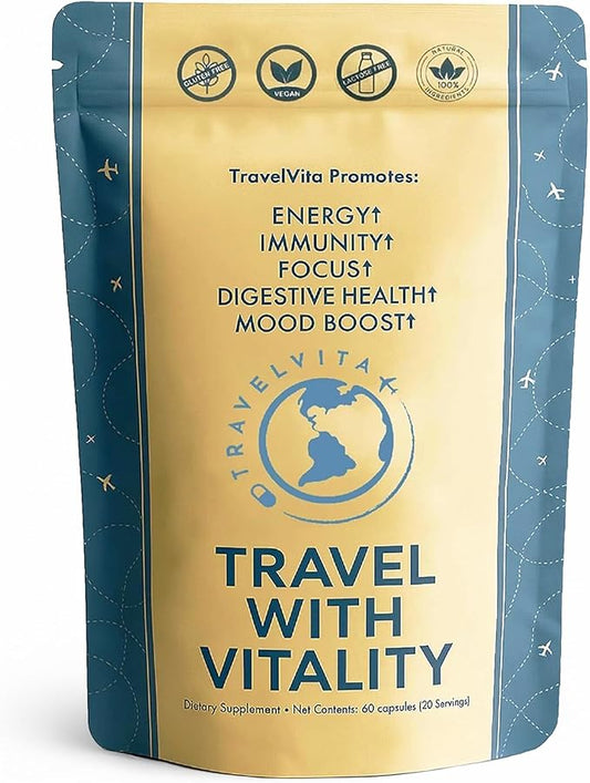 Natural Travel Pills - Traveling Supplement for Jet Lag Relief, Digestion, Immunity, Energy, Sleep, Circulation - Vacation and Long Flight Essentials for Men and Women - 30 Day Supply