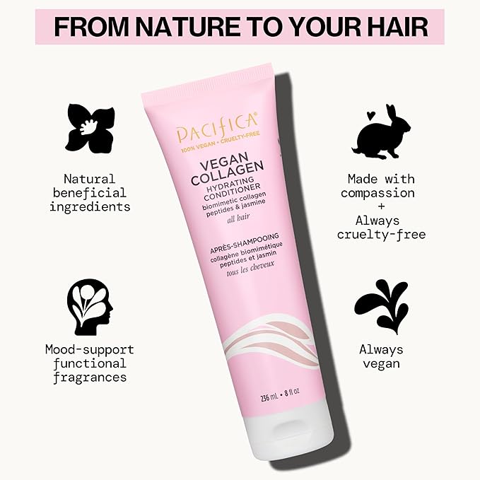 Pacifica Hair Conditioner - Vegan Collagen Hydrating, Haircare, Avocado Oil, Vitamin B5, Add and Restore Shine, For Dry and Damaged Hair, Sulfate and Silicone Free, Hair Care, 8 fl oz (1 Count)