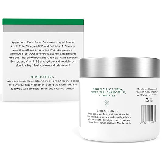 Toner Pads for Face - Exfoliating Face Wipes, for All Skin Types - Apple Cider Vinegar, Green Tea, 60 Pads