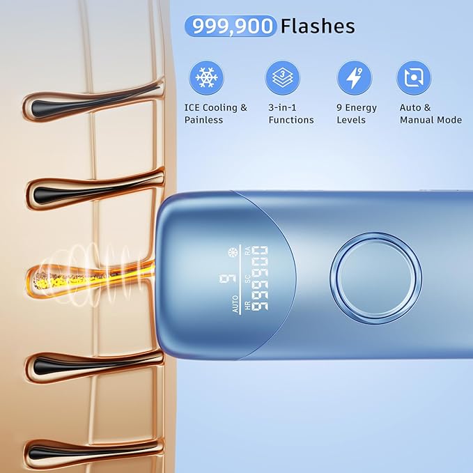 Laser Hair Removal with 5℃ Ice Cooling, Ubroo Painless IPL Laser Hair Removal Device 3 In 1 At Home Hair Remover Machine Permanent Hair Removal for Women Men Facial Body Use(Blue)