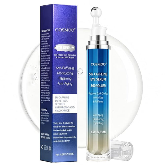 COSMOO Eye Serum,360°Rolling Massage Ball Under Eye Cream with 5% Caffeine,8% Retinol,Hyaluronic Acid for Dark Circles,Puffiness,Wrinkles Fine Lines,0.5 fl. oz