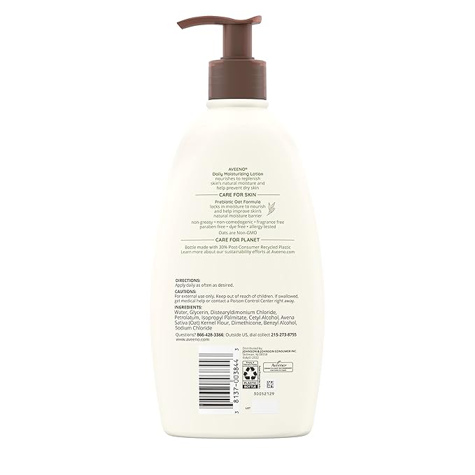 Aveeno Daily Moisturizing Body Lotion for Dry Skin with Prebiotic Oat, Fragrance & Paraben Free, Non-Greasy, Non-Comedogenic, for Sensitive Skin & 72-Hour Moisturizer 18 Fl Oz (Pack of 2)
