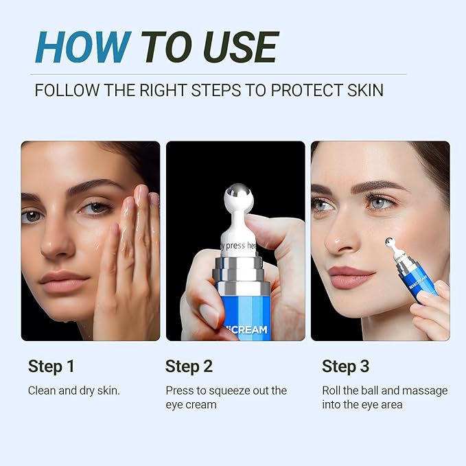 Eye Cream with 5% Caffeine Hyaluronic Acid, Eye Serum with 360° Roller Massage Ball for Puffy, Fine Lines, Dark Circles and Wrinkles, Under eye Treatment Serum for Women & Men