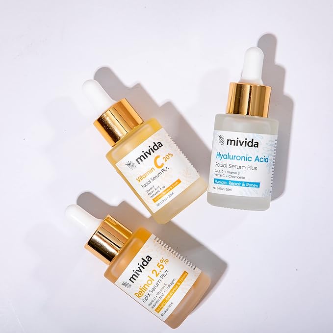 Mivida Anti-Aging Serum Trio| 20% Vitamin C + Hyaluronic Acid + 2.5% Retinol Serums For Face | Brightening, Firming & Hydrating Skincare Set | Reduces Wrinkles, Fine Lines & Dark Spots, 3x1floz