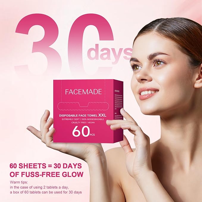60 Count XXL Disposable Face Towels 12" × 12", 100% USDA Biobased Face Towelettes Disposable, Clean Facial Towels for Makeup and Clean Skin, Super Soft and Thick Dry Wipes Club