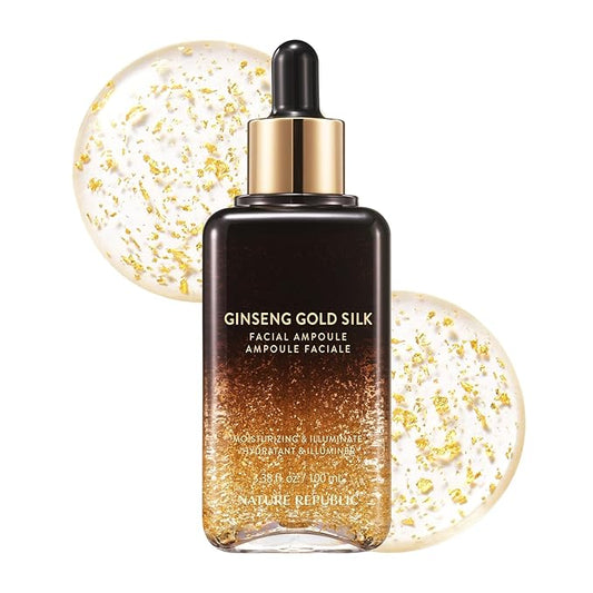 Nature Republic Ginseng Gold Silk Facial Ampoule, Hydrating moisturizer for face, Niacinamide & Silk Amino Acid, Royal Jelly Extract, Korean Skin Care for all skin types 100 ml / 3.38 Fl. oz.