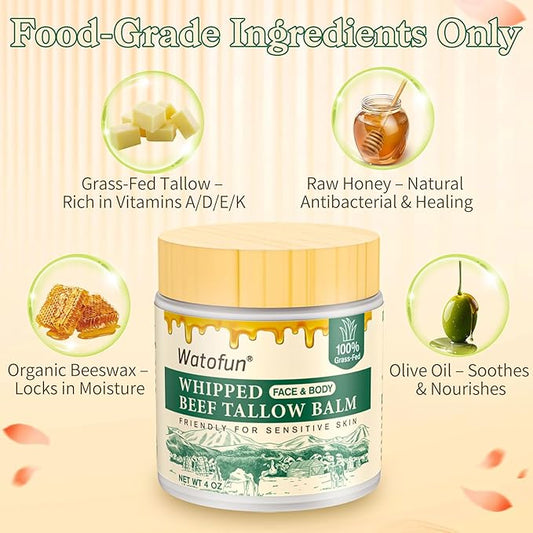 Beef Tallow for Skin - Deep Moisturizer for Dry, Sensitive Skin - With Raw Honey, Beeswax, Olive Oil - Non-Greasy, Unscented, All-Natural Face & Body Repair Cream