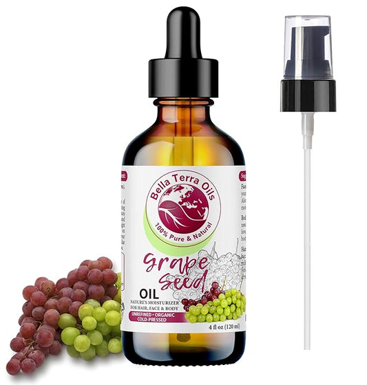 Bella Terra Oils - Organic Grape Seed Oil 4oz - Crafted from Pristine Organic Grapes, Packed with Procyanidins & Vitamin F, Unveiling a Radiant Skin Legacy