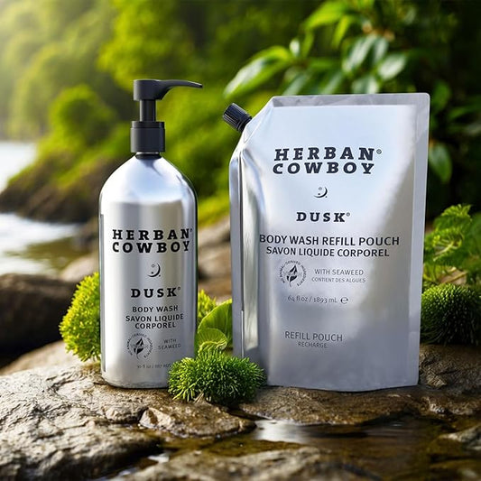 Herban Cowboy Dusk Body Wash 30 oz Aluminum Bottle and 64 oz Refillable Pounch
