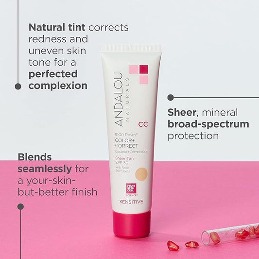 Andalou Naturals 1000 Roses CC Color + Correct with SPF 30, Sheer Tan, 2-in-1 Face Sunscreen + CC Cream for Sensitive Skin, Helps Correct Uneven Skin Tone, Reef Safe Sunscreen, 2 Fl Oz