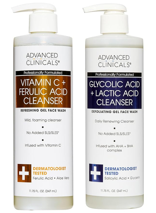 Advanced Clinicals Exfoliating Glycolic Acid & Salicylic Acid Face Wash + Hydrating Vitamin C Facial Cleanser 2pc AM/PM Skin Care Set For Women & Men To Gently Exfoliate & Cleanse Dirt & Oil, 2PC