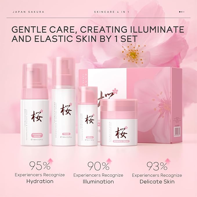 Sakura Skin Care Sets for Women & Teens, Brilliant Skin Rejuvenating Set, Cherry Blossom Skincare Kits with Cleanser, Toner, Serum, Cream, Hydrating Travel Size Facial Kit Hydrating Gifts Sets (4PCS)