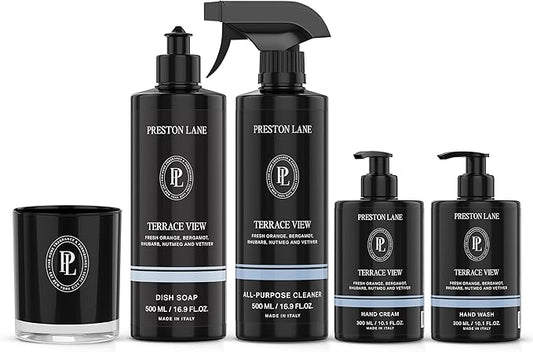 Signature Set, Includes All Purpose Cleaner, Dish Soap, Hand Wash, Hand Cream, & Scented Candle, Terrace View