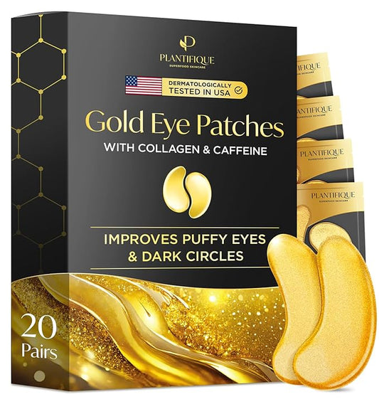 PLANTIFIQUE Gold Eye Patches for Puffy Eyes | 20 Pairs | Gifts | Under Eye Masks for Dark Circles | Puffiness Eye Gels | Eye Mask Skincare