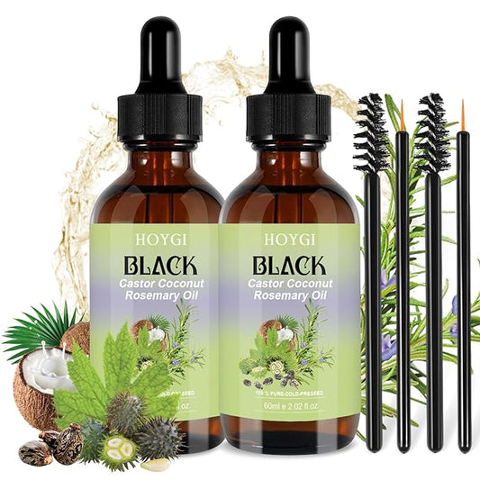 Cold Pressed Black Castor Oil for Hair Growth, 2 Pack - with Biotin, and Caffeine and oils like Coconut , Rosemary, Argan, for Hair, Eyelashes, Eyebrows, and Beard Care