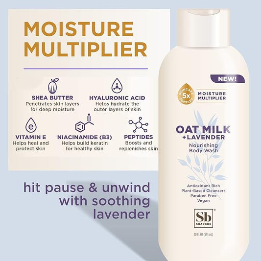 Soapbox Body Wash, Oat Milk + Lavender Body Wash, Vegan & Moisturizing, Calming with Shea Butter, 3 Pack, 20oz Each
