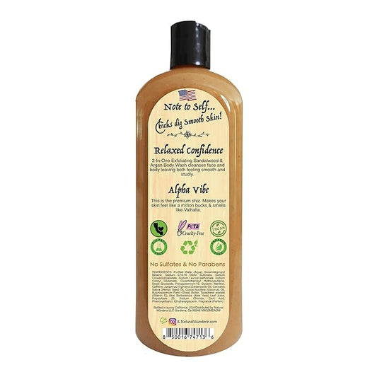 Mens Face and Body Wash with Sandalwood & Argan Oil, 32 Fl Oz Exfoliating Liquid Soap with All Natural Ingredients, Vegan, Sulfate Free, and Cruelty Free Body Scrub