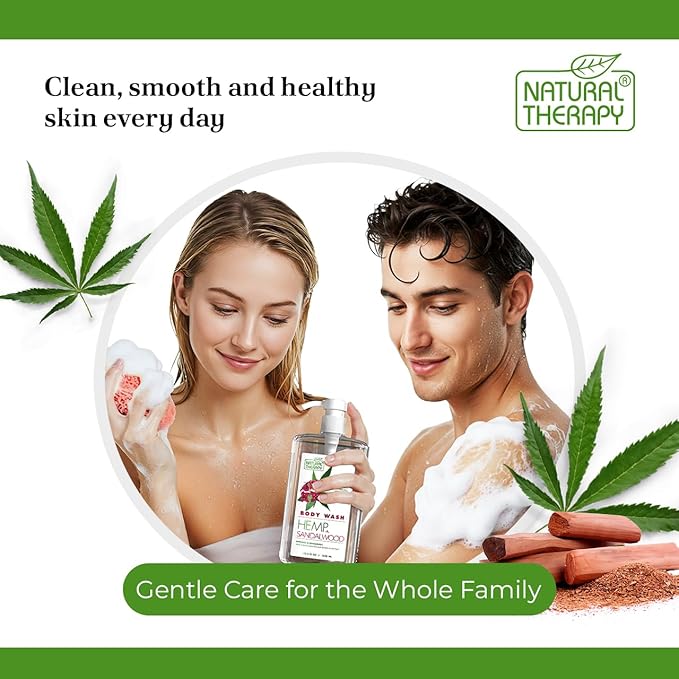 Natural Therapy Body Wash for Women and Men with Hemp & Sandalwood Oils - Shower Gel Cleanses and Moisturizing Skin - With Dead Sea Minerals Nourish for Body, Pack of 2 (67.6 fl.oz)