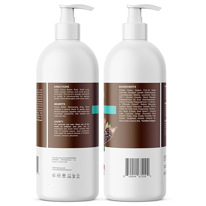 Cocoa Butter Body Wash, Cleanses, Hydrates & Nourishes, Deep Moisturizing Shower Gel for Dry and Sensitive Skin, Women & Men, Organic & Natural, 16 fl oz, 2-Pack