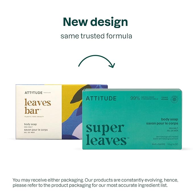 ATTITUDE Bath and Shower Body Soap Bar, EWG Verified, Plastic-free, Plant and Mineral-Based Ingredients, Vegan and Cruelty-free Personal Care Products, Sea Salt, 4 Ounces