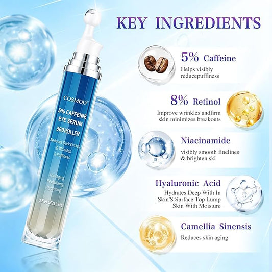 COSMOO Eye Serum,360°Rolling Massage Ball Under Eye Cream with 5% Caffeine,8% Retinol,Hyaluronic Acid for Dark Circles,Puffiness,Wrinkles Fine Lines,0.5 fl. oz