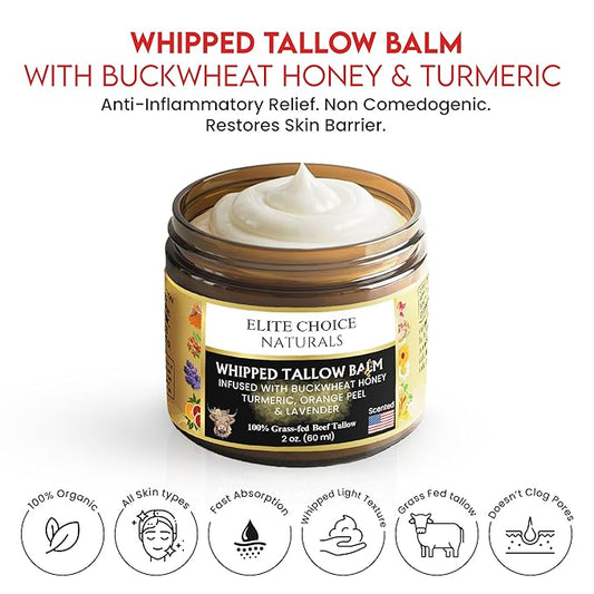 Whipped Tallow Balm Infused with Raw Buckwheat Honey, Lavender & Orange – Organic Anti-Inflammatory Cream for Face, Scalp & Body – Heals Sensitive, Acne-Prone, Eczema, Rosacea & Psoriasis Skin (2 oz)