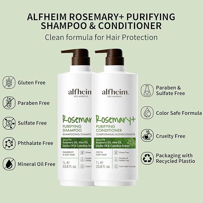 Alfheim Rosemary+ Purifying Shampoo & Conditioner Set | Rosemary & Peppermint Oil for Controling Excess Oil | Calendula & Jojoba for Deep Moistizing and Adding Shine | Sulfate-Free | 33.8 fl oz Each