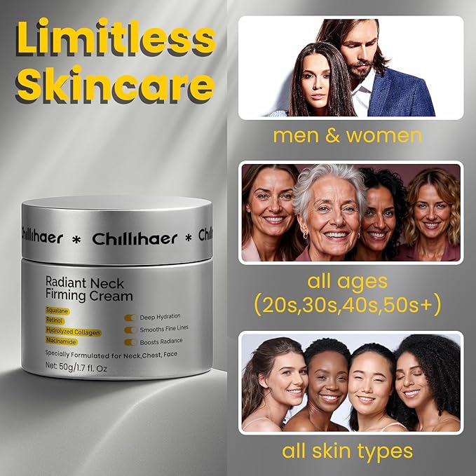 8-in-1 Radiant Neck Firming Cream, Tighten and Lift Neck Wrinkle Cream, Collagen Retinol Face and Chest Firming Tightening for Women and Men with Sagging Crepey Skin Over 50 & 60