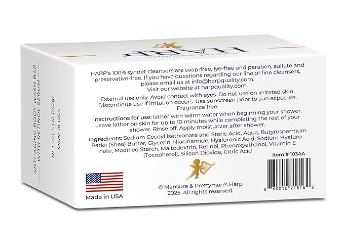HARP Anti-Aging Body Wash Bar With Retinol + Niacinamide, Vitamin E, Hyaluronic Acid. 100% Syndet Base. Soap/Lye/Dyes and preservative-free. Non-comedogenic. FRAGRANCE FREE. 5oz