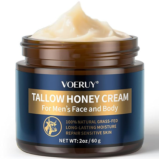 Mens Face Moisturizer Cream - Tallow Balm for Skin with Raw Honey for Reduce Wrinkles, Natural Grass-Fed Tallow Moisturizer for Face, Facial Skin Care & Eye Lotion - Day & Night, 2oz/60g