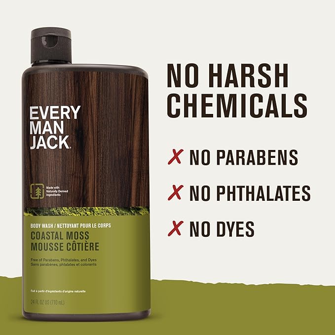 Every Man Jack Nourishing Coastal Moss Mens Body Wash for All Skin Types - Naturally Derived Ingredients - Cleanse and Hydrate Skin with Coconut and Glycerin - 24oz 2 Bottles