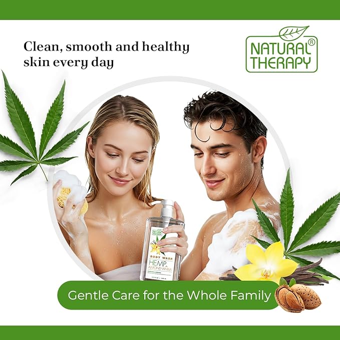 Natural Therapy Body Wash for Women and Men with Hemp & Vanilla Oils - Shower Gel Cleanses and Moisturizing Skin - With Dead Sea Minerals Nourish for Body, Pack of 2 (67.6 fl.oz)
