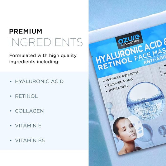Azure Cosmetics Hyaluronic Acid & Retinol Anti Aging Face Mask - Dermatologist Tested - Rejuvenating & Hydrating - Helps Reduce Fine Lines & Wrinkles, Smooths & Repairs - Korean Skin Care - 10 Pack