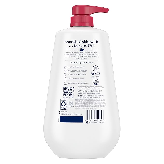 Dove Body Wash with Pump Revitalizante Cherry & Chia Milk, for Renewed, Healthy Looking Skin, Moisturizing Gentle Skin Cleanser with 24hr Renewing MicroMoisture, 30.6 oz