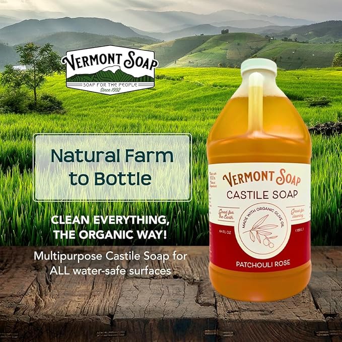 Vermont Castile Soap Patchouli Rose, Gentle Liquid Soap for Sensitive Skin & Natural Body Wash, Organic Hair Shampoo for Oily Hair, Aloe Castile Soap for Men & Women - 64 Oz