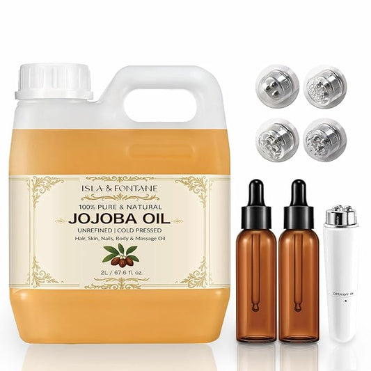 ISLA & FONTANE Jojoba Oil Set – 2L/67.6 Fl Oz | 100% Pure & Natural | Golden, Unrefined, Cold Pressed | 2 Dropper Bottles & Beauty Massager | Hexane-Free Carrier Oil for Skin, Hair, Face, Nails & Body