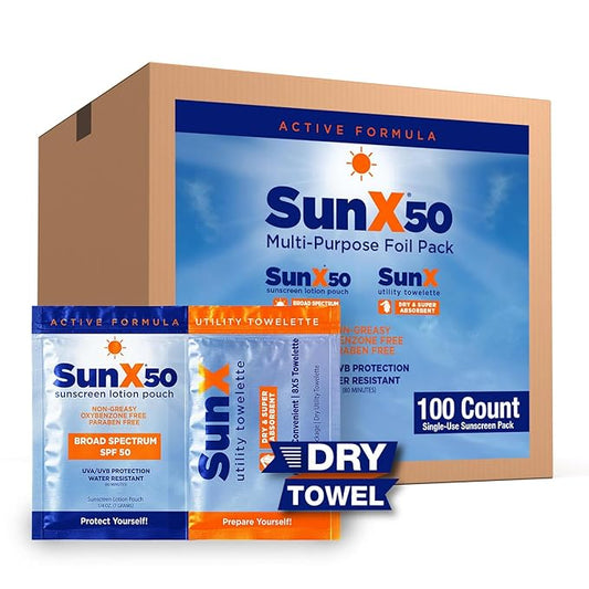 CoreTex Sun X 50 Broad Spectrum Sunscreen Packets & Dry Towels Duo Kit - Pack of 100 Paraben, Oxybenzone, Octinoxate, & Oil Free Sunscreen - No White Cast and Water & Sweat Resistant Up to 80 Minutes