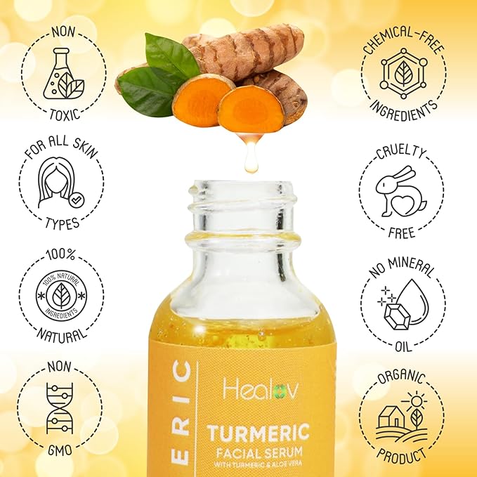 Turmeric Serum for Face & Body – All Natural Turmeric Skin Brightening Serum for Dark Spots – Cleanses Skin, Fights Acne, Evens Tone, Scars – Pure Turmeric Oil Skincare Treatment for All Skin Types