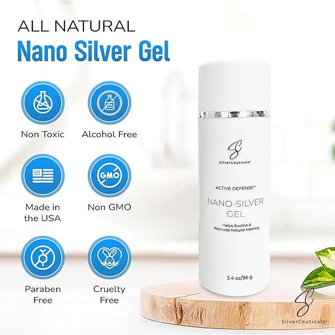 Cosmetic Gel with Nano Colloidal Silver - Promotes Natural Healing - Repair Cuts Scrapes Blemishes - Soothe & Hydrate - Skin Firming - Non-Greasy Water-Based Formula - No Harsh Chemicals - 3.4oz