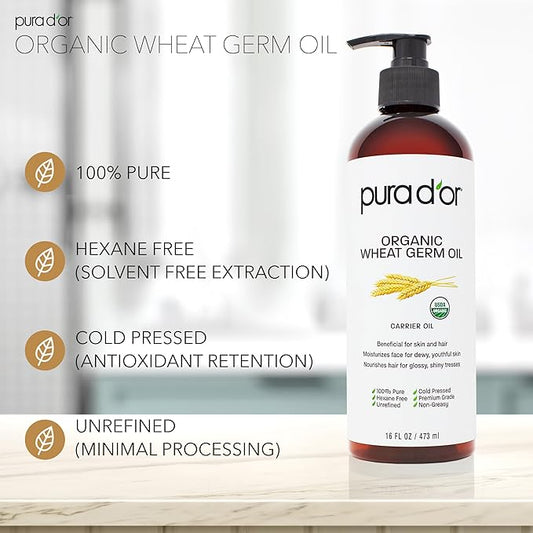 PURA D'OR ORGANIC Wheat Germ Oil (16 Oz x3 = 48 Oz) 100% Pure & Natural USDA Certified Cold Pressed Carrier Oil - Vitamin E Rich, Moisturizing & Nourishing Anti-Aging Properties - Healthy Hair Growth