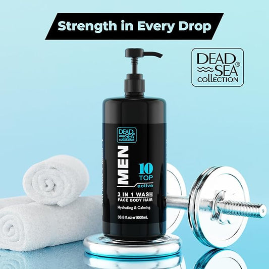 Dead Sea Collection Mens Body Wash 3 in 1 – TOP 10 ACTIVE Body Wash for Men – Shower Gel – Shampoo – Shower Soap for Face and Hair (33.8 Fl. Oz)