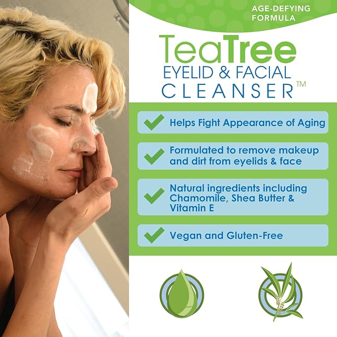 Age-Defying Tea Tree Eyelid and Facial Cleanser - 50mL - Non-Irritating Eyelid Cleanser and Face Wash with Shea Butter and Vitamin E